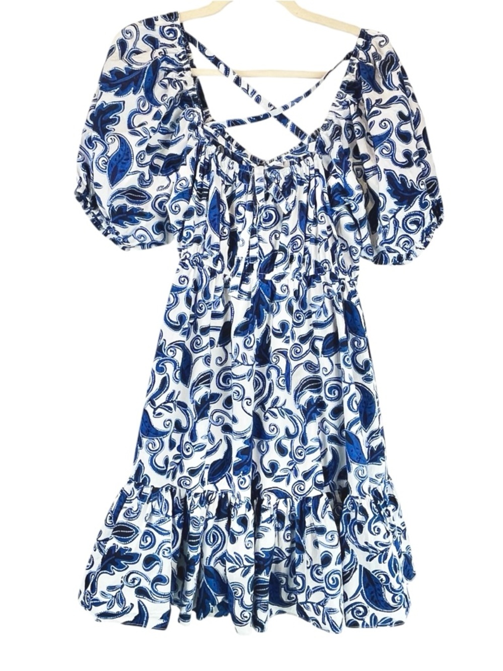 Cleobella Bea Mini Dress Azulejo Blue White Coastal Tiered Sz L TINY FLAW - Picture 5 of 16